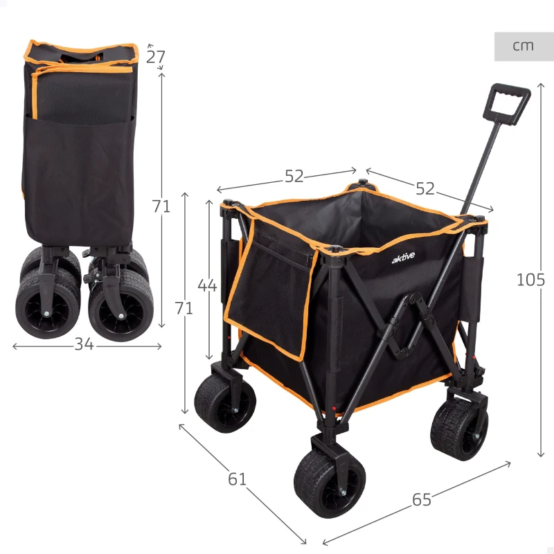Carro Playa Aktive Plegable Estructura de Acero Ruedas 360º Desmontables 80 Kg, Negro