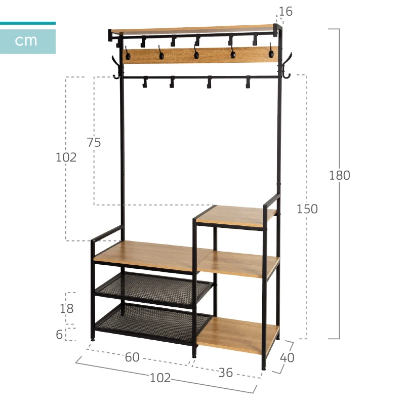 Perchero Zapatero Industrial con 4 Estantes y 15 Ganchos, 102x40x180 Cm, Negro