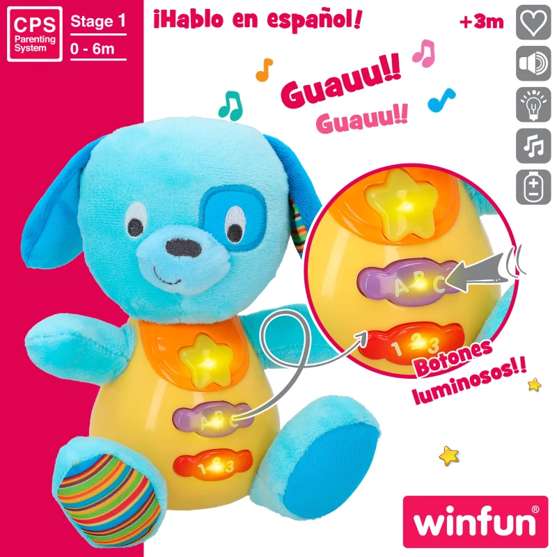 Peluche Perrito Winfun Interactivo con Luces y Sonidos, 15,5x11,5x16,5 Cm, Azul