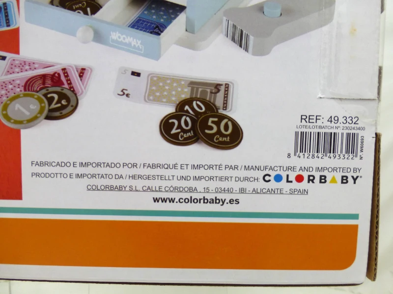 Caja Registradora de Madera Woomax, con 18 Piezas, 18x18x15 Cm, Azul y Gris