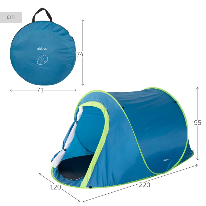 Tienda Pop-Up Aktive 2 Personas Doble Techo y Mosquiteras, 71x3x74 Cm, Azul