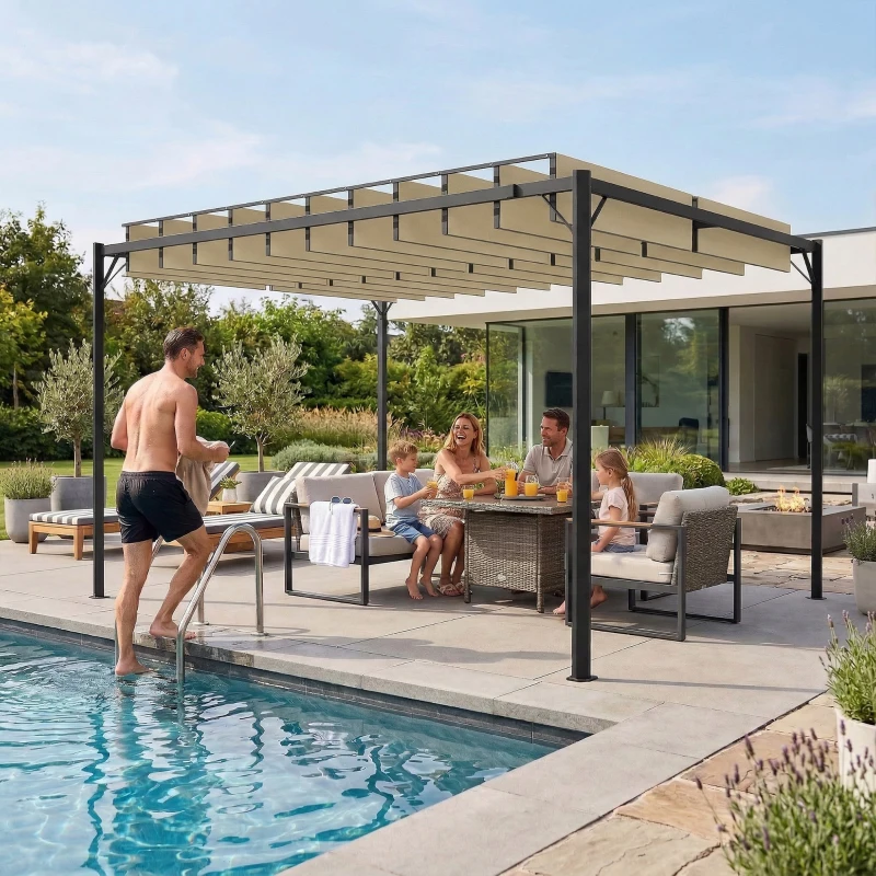 Outsunny Pérgola de Jardim 3x4 m com Proteção UPF50+ Gazebo com Teto Ajustável Estrutura de Metal para Exterior Branco Creme
