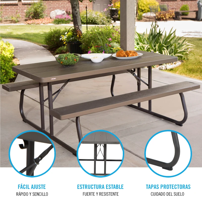 Mesa Picnic Plegable con Bancos Integrados Ultrarresistente, 183x76x74 Cm, Marrón