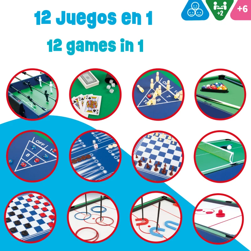Mesa Multijuegos 12 en 1 con Billar y Futbolín, 104x57,5x69 Cm, Verde