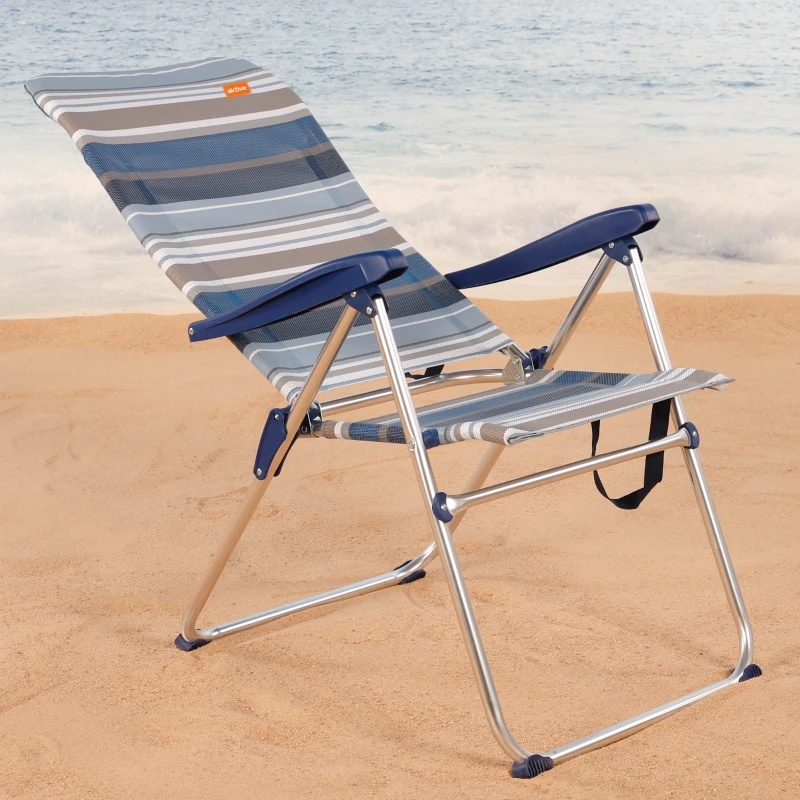 Silla Playa Plegable Alta 5 Posiciones, 47x67x110 Cm, Azul y Gris