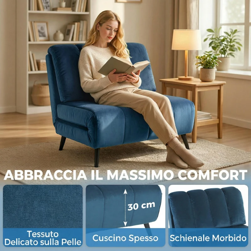 HOMCOM Poltrona Letto Pieghevole Trasformabile con Schienale Regolabile, Blu