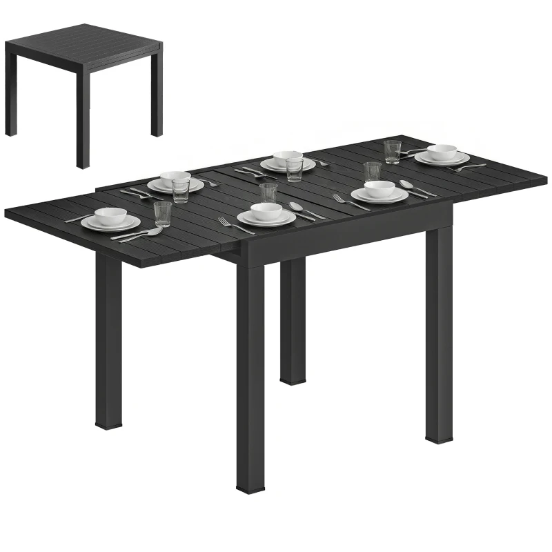 Outsunny Extending Garden Table for 4-6, Aluminium Outdoor Dining Table with Faux Wood Slatted Top, Black
