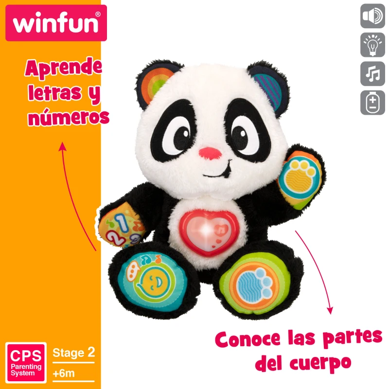 Peluche Oso Panda Interactivo Educativo con Luz y Sonidos, 27x14x33 Cm, Blanco y Negro