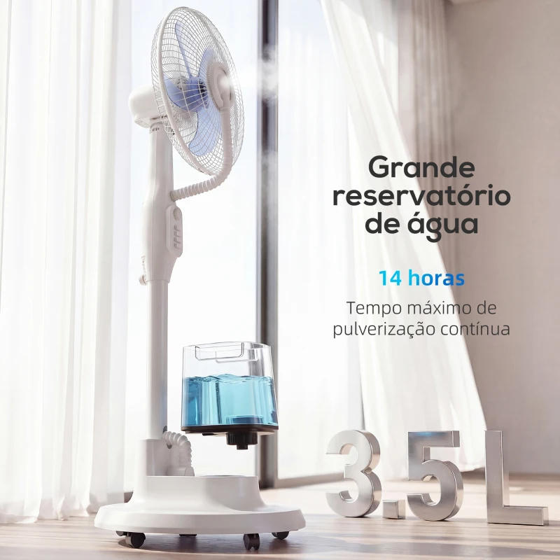 HOMCOM Ventoinha Nebulizadora 90W Oscilação de 70° 3 Velocidades 5 Pás Depósito de Água de 3,5L 5 Rodas 45x40x128 cm Branco