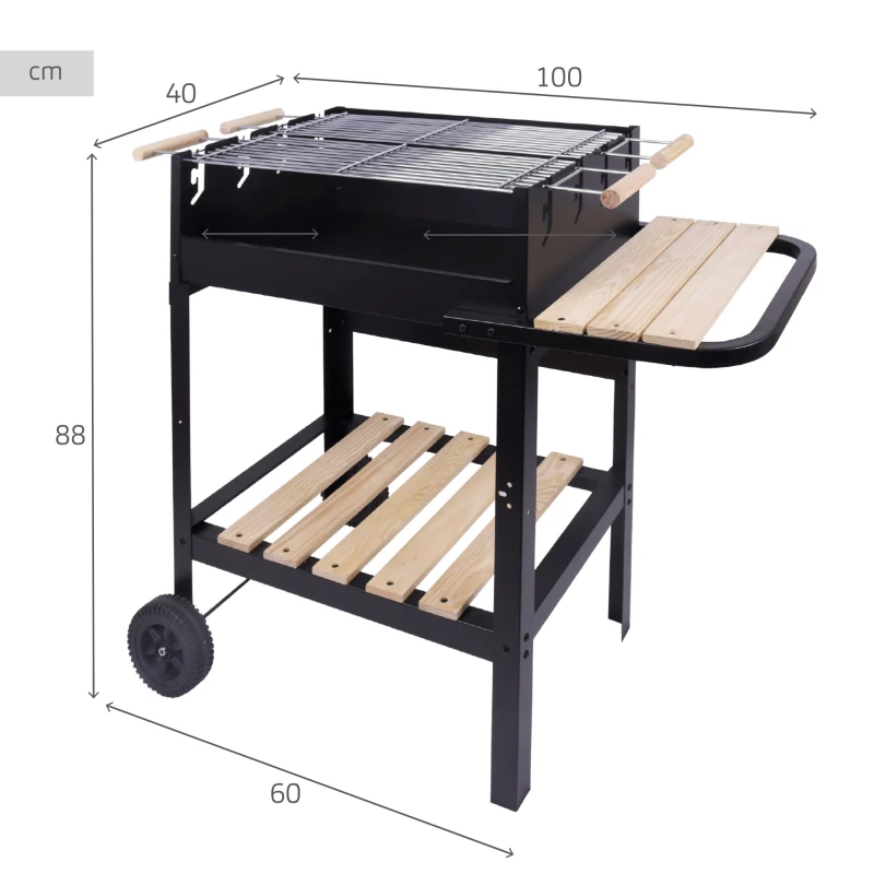 Barbacoa de Carbón Portátil Doble Parrilla Regulable, 100,5x40x88,5 Cm, Negro