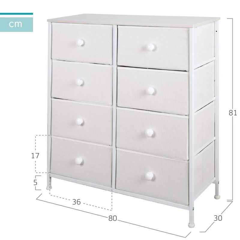 Cómoda 8 Cajones de Tela, 80x30x81 Cm, Blanco