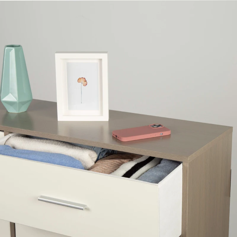 Cómoda 8 Cajones de Tela Plegables, 114x30x92 Cm, Madera y Blanco