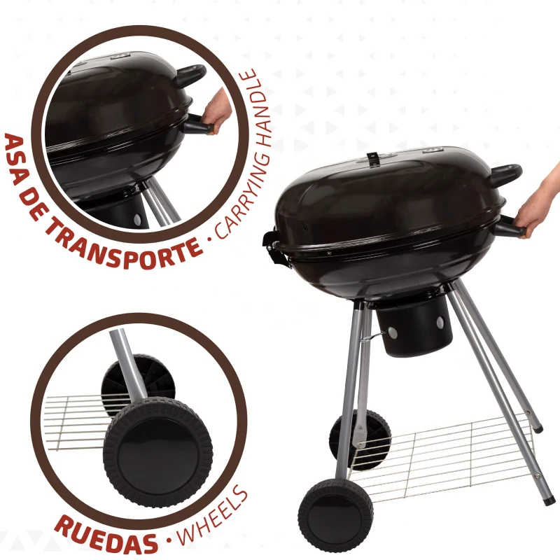 Barbacoa de Carbón Portátil con Tapa y Termómetro, 57x57x86 Cm, Negro