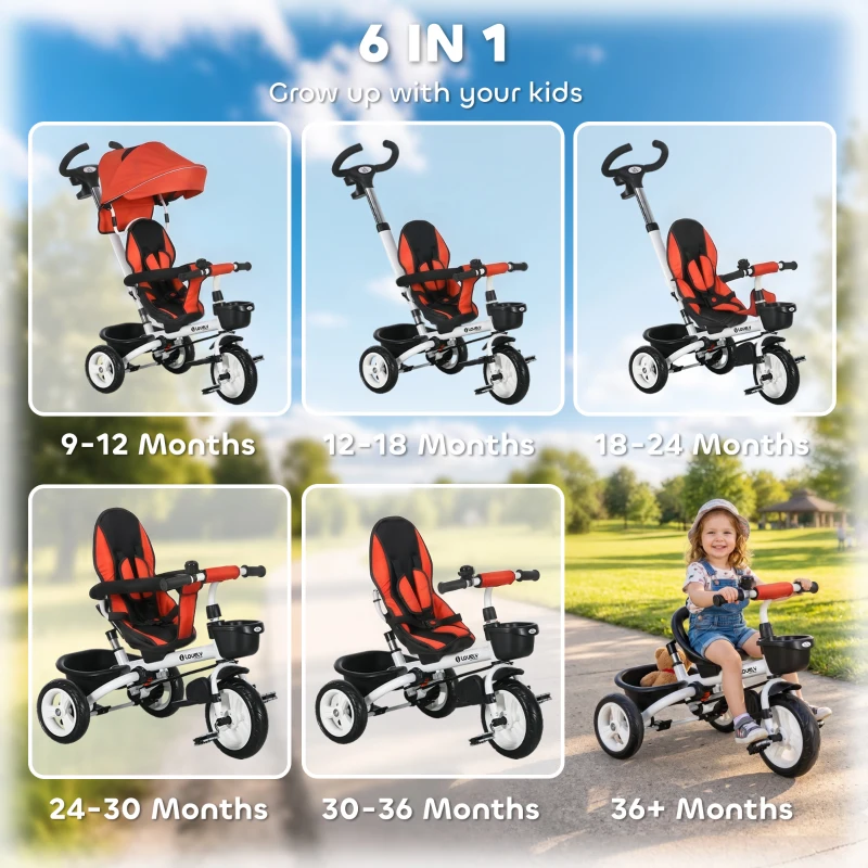HOMCOM Metal Frame 6 in 1 Baby Push Tricycle with Parent Handle for 1-5 Years Old, Red