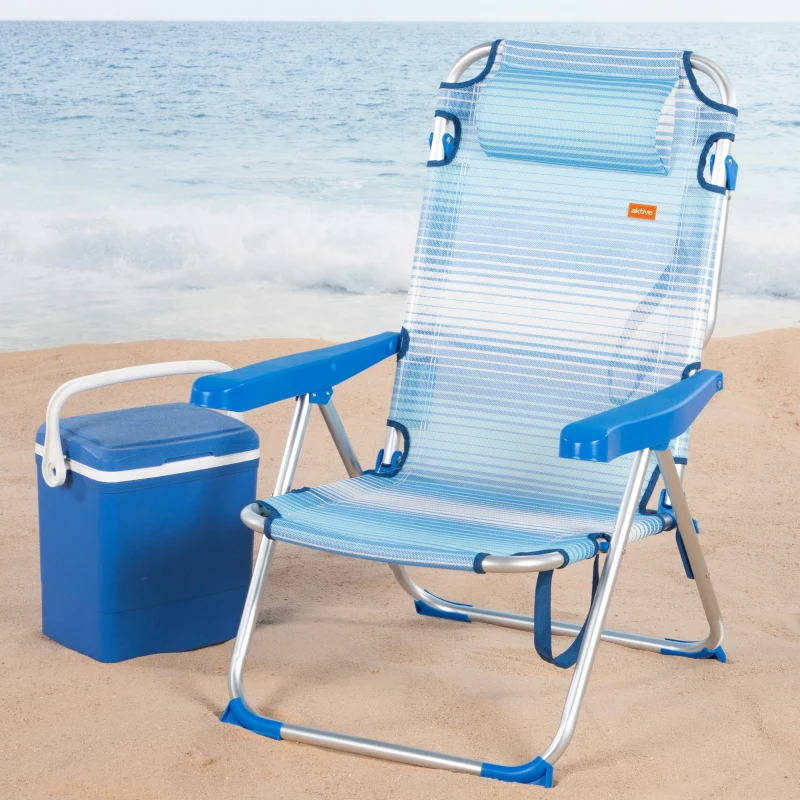 Silla de Playa Plegable Reclinable 5 Posiciones con Cojín y Asa, 77x12x62 Cm, Azul