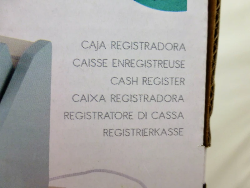 Caja Registradora de Madera Woomax, con 18 Piezas, 18x18x15 Cm, Azul y Gris