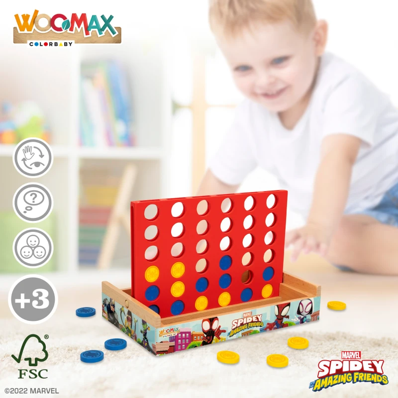 Juego 4 en Raya de Madera WOOMAX Spidey, 24x15x16 Cm, Azul y Amarillo