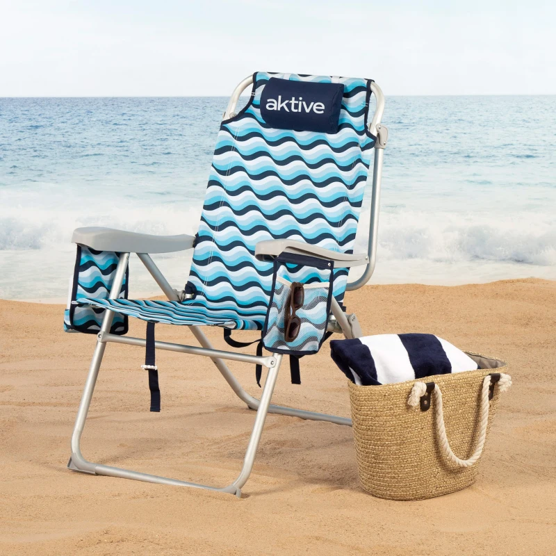 Silla de Playa Baja Plegable Multiposición XL Aluminio, 48x78x95 Cm, Azul