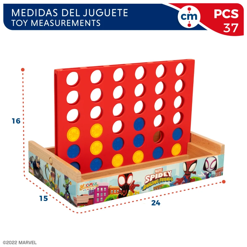 Juego 4 en Raya de Madera WOOMAX Spidey, 24x15x16 Cm, Azul y Amarillo