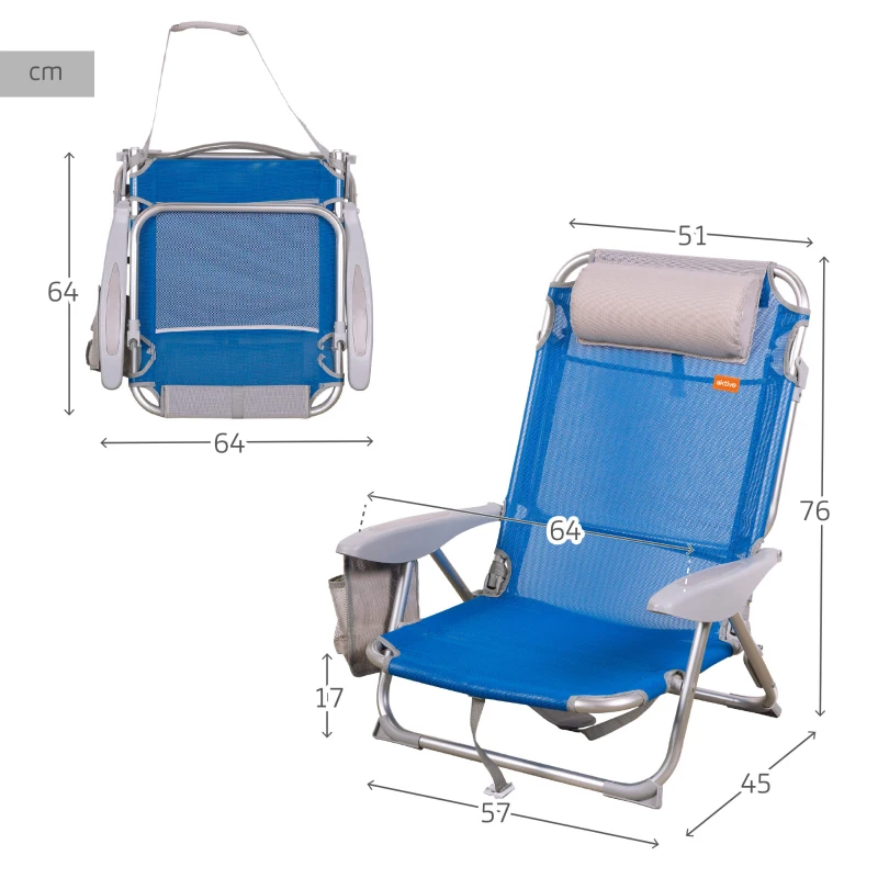 Silla de Playa Aktive Plegable Multiposición con Cojín y Posavasos, 51x45x76 Cm, Azul