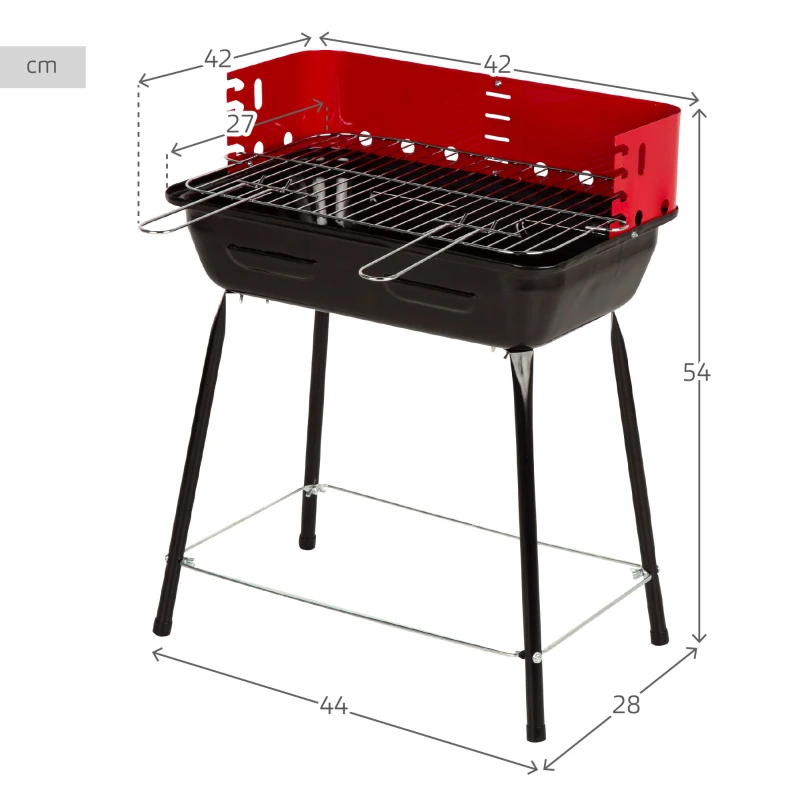Barbacoa Portátil de Carbón Regulable en Altura con Cortavientos, 42x42x54 Cm, Negro
