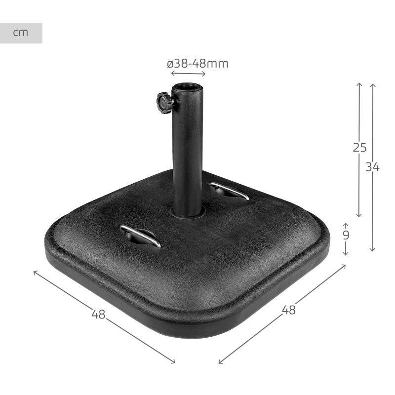 Base Cuadrada para Sombrilla Ajustable Ø38/48 Mm con Asas, 48x48x34 Cm, Negro