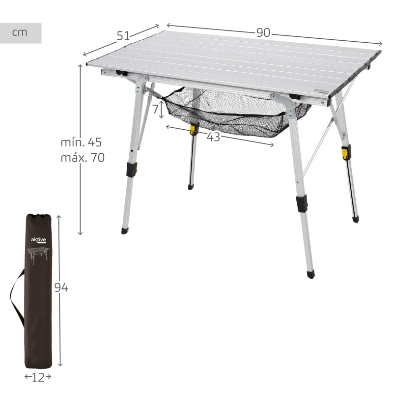 Mesa Plegable Camping Aktive Antideslizante y Ajustable, 19,5x14x93,5 Cm, Plata