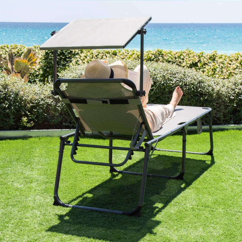 Tumbona Plegable Multiposición XL con Parasol y Cojín, 193x67x48 Cm, Gris