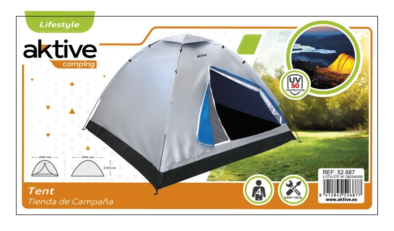 Tienda de Campaña 4 Personas Impermeable, 205x205x130 Cm, Gris y Azul
