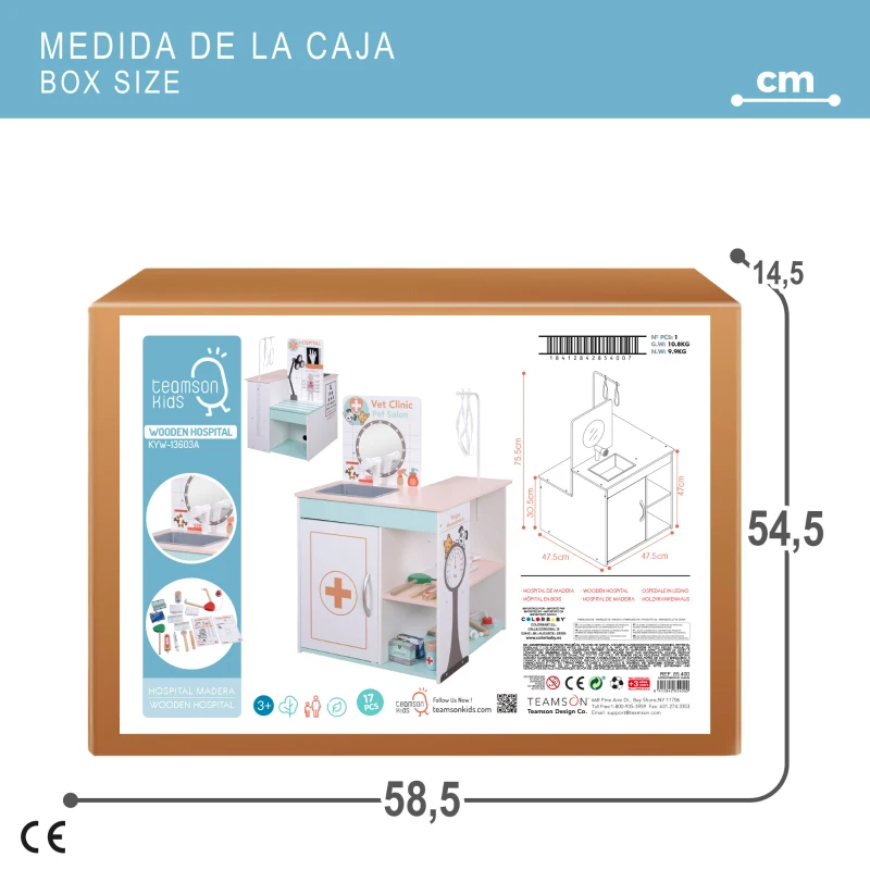 Hospital de Juguete Teamson 3 en 1 de Madera, 47,5x47,5x75,5 Cm, Natural