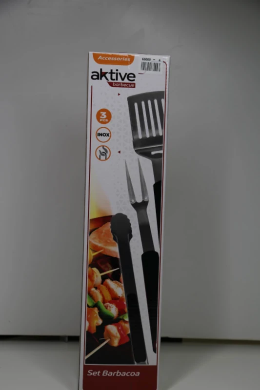 Set Utensilios Barbacoa Aktive, Acero Inoxidable con Mango Antideslizante, 41x9 Cm, Gris y Negro