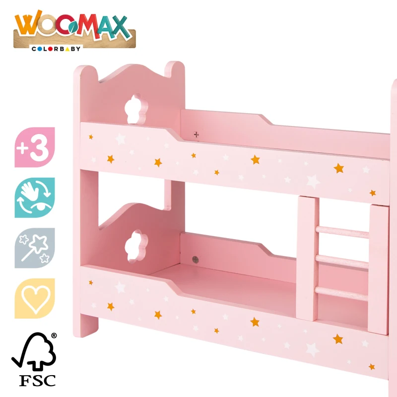 Litera de Madera para Muñecas Doble con Escalera, 31x16x26 Cm, Rosa Palo