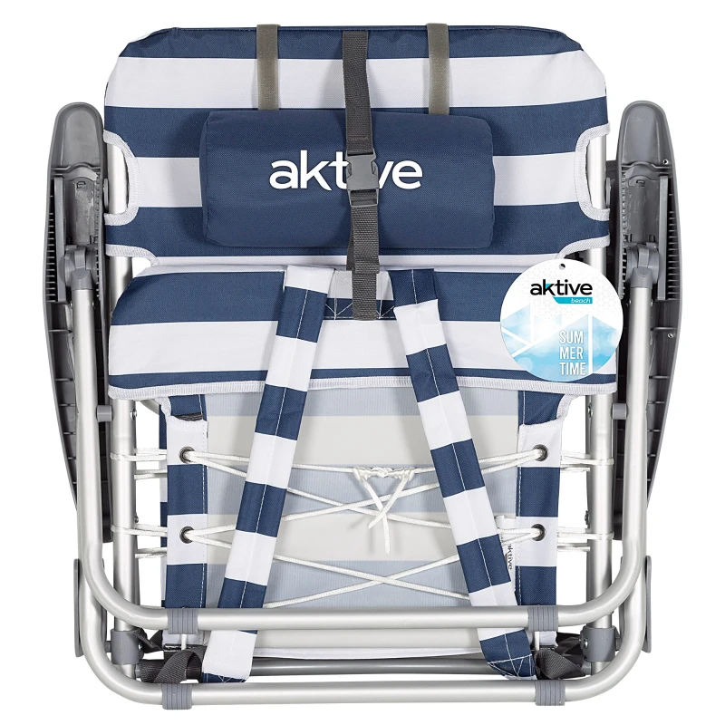 Silla de Playa Plegable Baja 4 Posiciones Cojín Bolsillo Mochila, 50x45x76 Cm, Azul Marino y Blanco