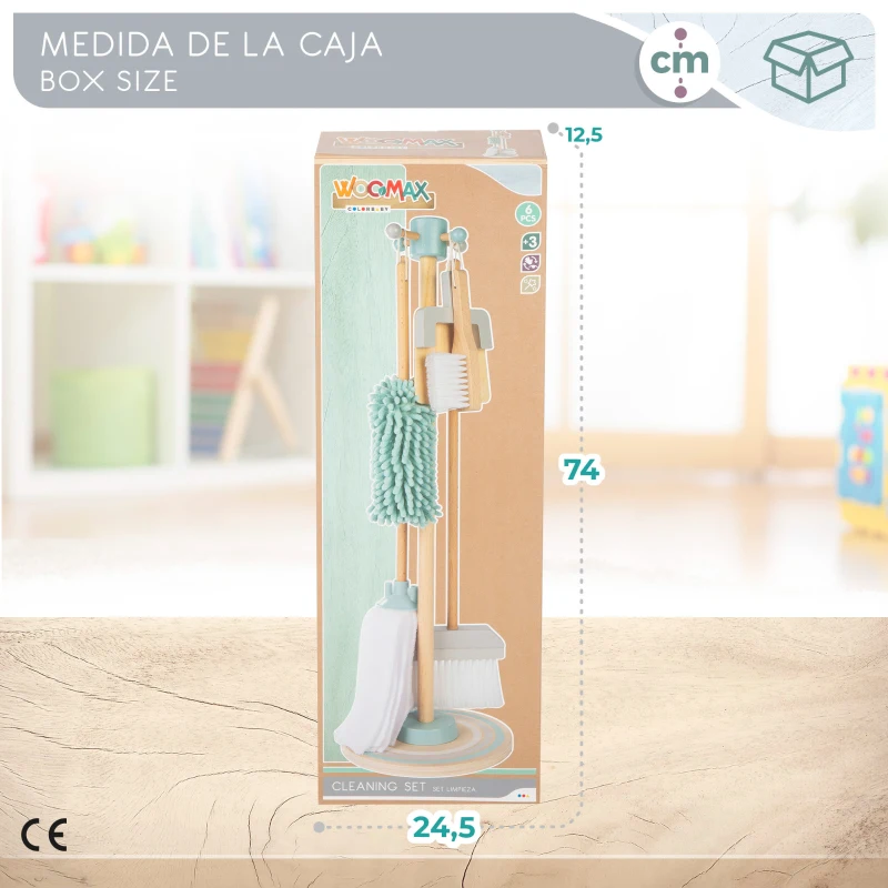 Set de Limpieza Infantil de Madera WOOMAX con Soporte, 23,5x23,5x75 Cm, Azul, Gris y Madera