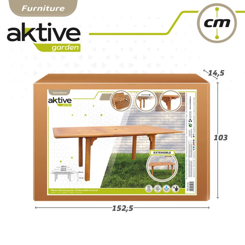Mesa de Jardín Extensible Acacia 150/175/200x100x74 Cm, Madera Natural