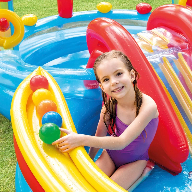 Centro de Juegos Hinchable INTEX con Tobogán y Doble Piscina, 297x193x135 Cm, Arcoíris