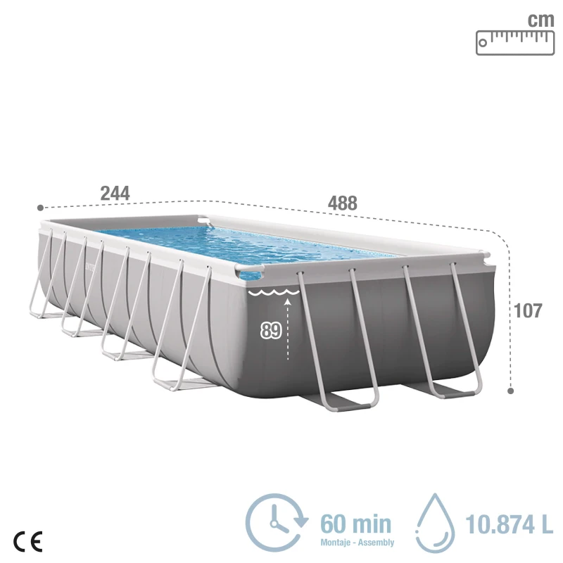 Piscina Desmontable Rectangular Prisma Frame INTEX con Depuradora, 488x244x107 Cm, Azul/Gris Claro