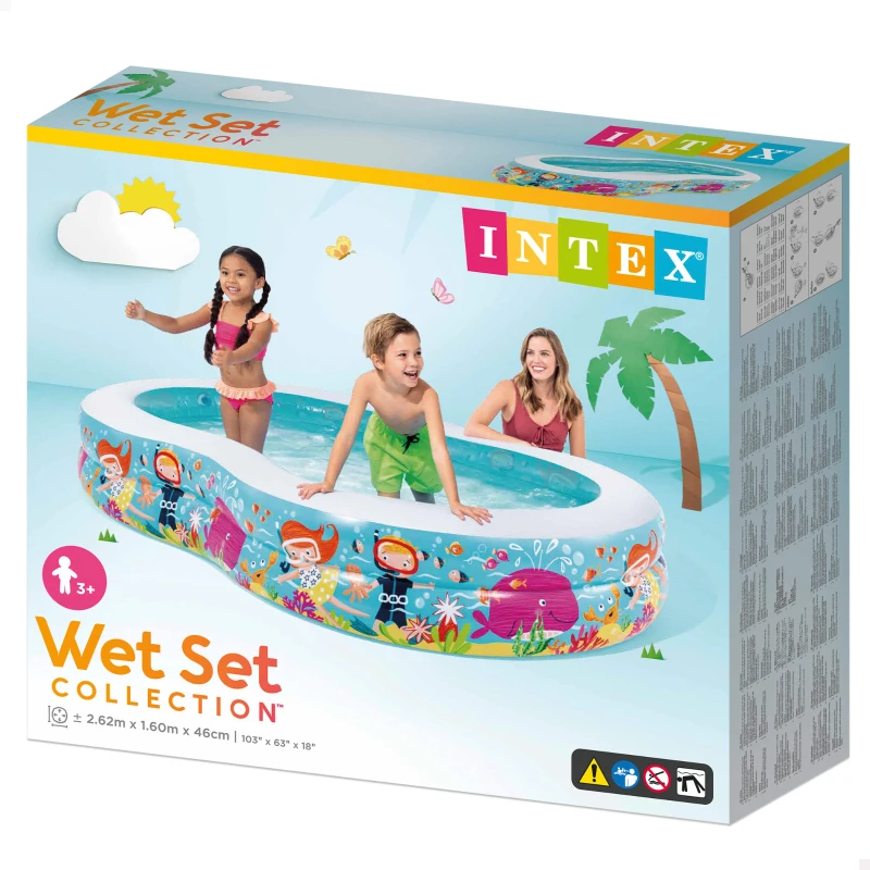 Piscina Hinchable Infantil Rectangular Paradise con Ilustraciones Marinas, 262x160x46 Cm, Azul