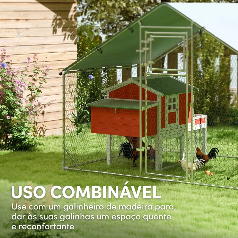 PawHut Galinheiro para Exterior 3x2 m Galinheiro de Aço Galvanizado com Comedouro Suspenso Tipo Espeto Poleiro Anti-UV Prata