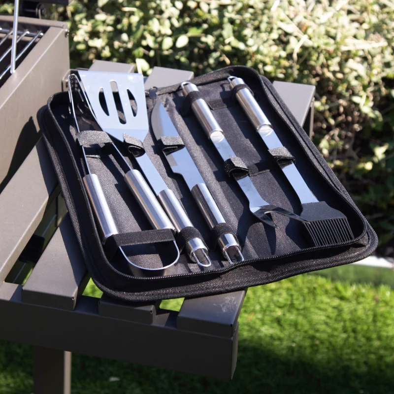 Estuche Utensilios Barbacoa Aktive 5 Piezas Inoxidables Resistente al Calor, 38,5x5x11,5 Cm, Acero