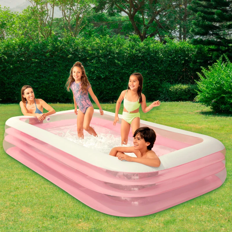 Piscina Hinchable Infantil Rectangular 3 Aros PVC 0,3 Mm, 305x183x56 Cm, Rosa y Blanco