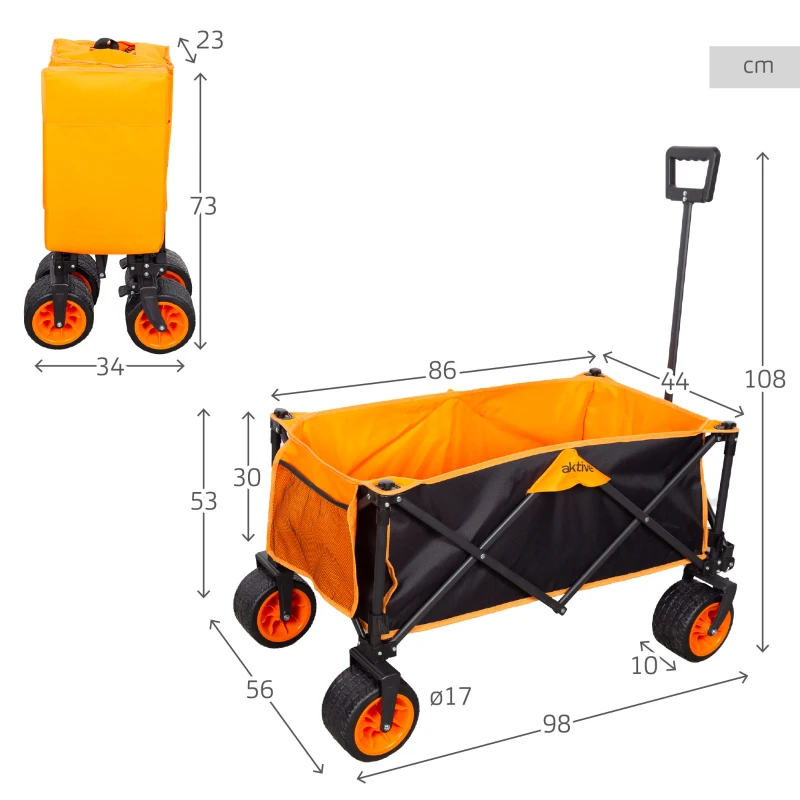 Carro Playa Plegable Aktive Ruedas 360º con Frenos Capacidad 100 Kg, 34x26,5x74,5 Cm, Azul