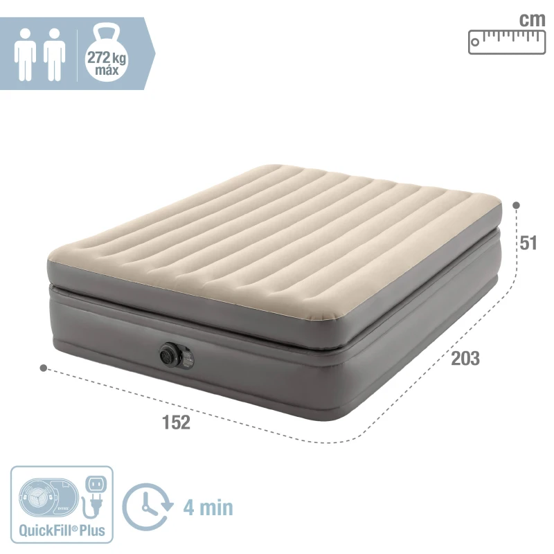 Colchón Hinchable Doble Prime Comfort Elevated con Hinchador Eléctrico, 152x203x51 Cm, Gris