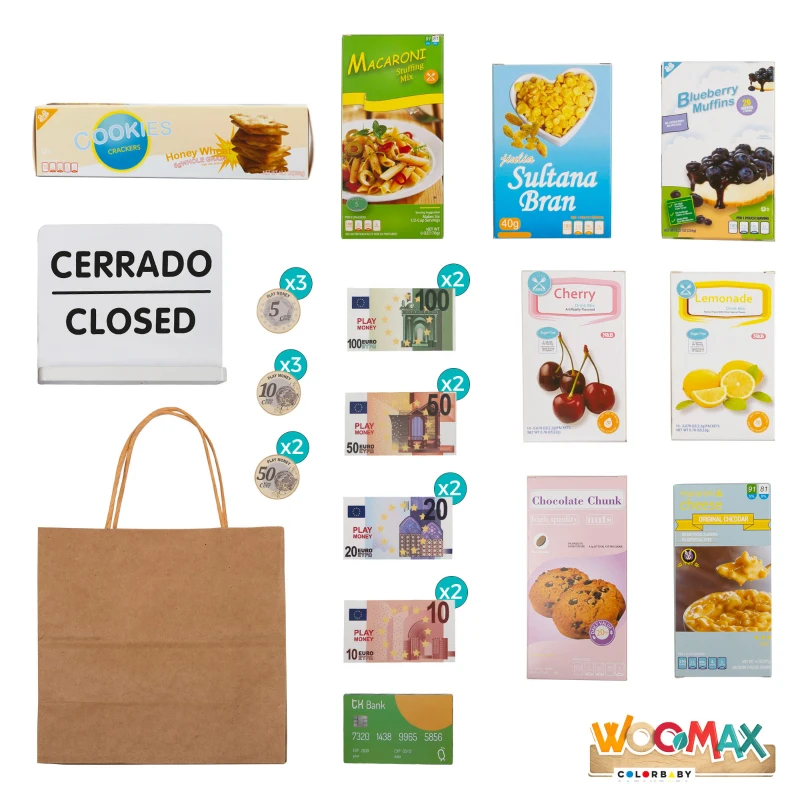 Supermercado de Juguete de Madera con Caja Registradora y 27 Accesorios, 48x30x70 Cm, Azul y Blanco