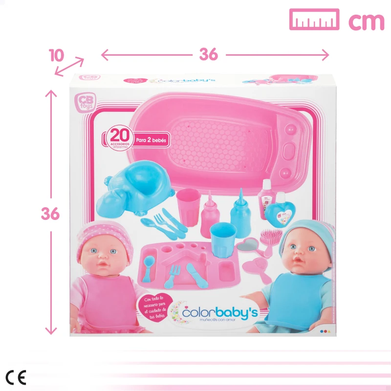 Set Accesorios Bebé para Muñecos 20 Piezas con Bañera, 36x10x36 Cm, Rosa y Azul