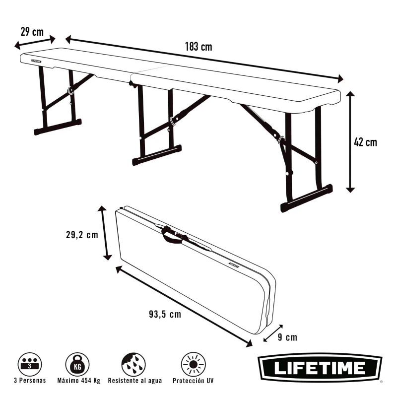 Banco Plegable Ultrarresistente 454 Kg con Protección UV, 183x29x42 Cm, Blanco