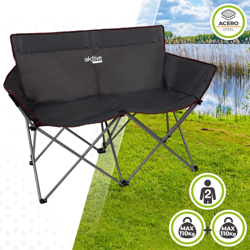 Silla de Camping Doble Plegable con Estructura de Acero, 107x63x88 Cm, Negro