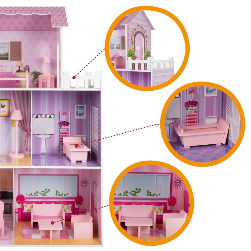 Casa de Muñecas de Madera WOOMAX 3 Plantas, 5 Estancias, 80x31x112 Cm, Rosa