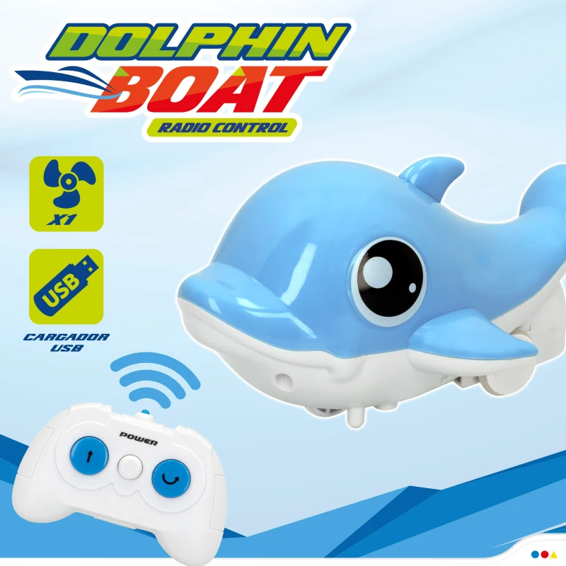 Delfín Teledirigido Recargable por USB con Mando 2,4 GHz, 17x10x22 Cm, Azul y Blanco