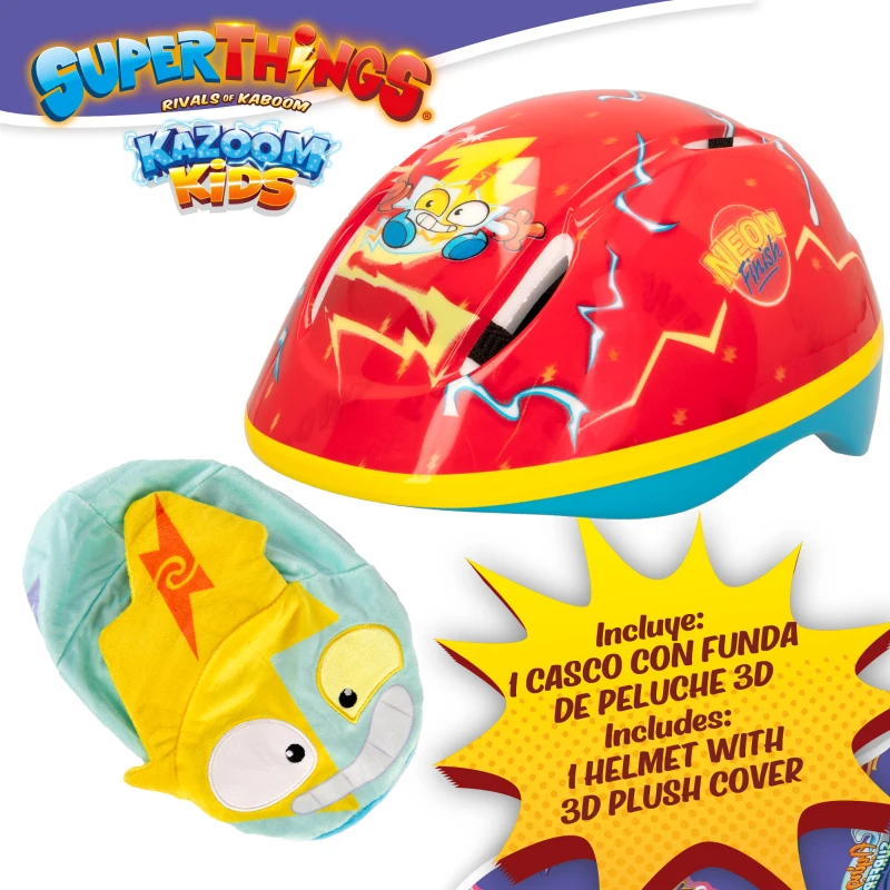 Casco Infantil SuperThings con Funda de Peluche 3D Neon Blast, 20x26x13 Cm, Rojo, Amarillo y Azul